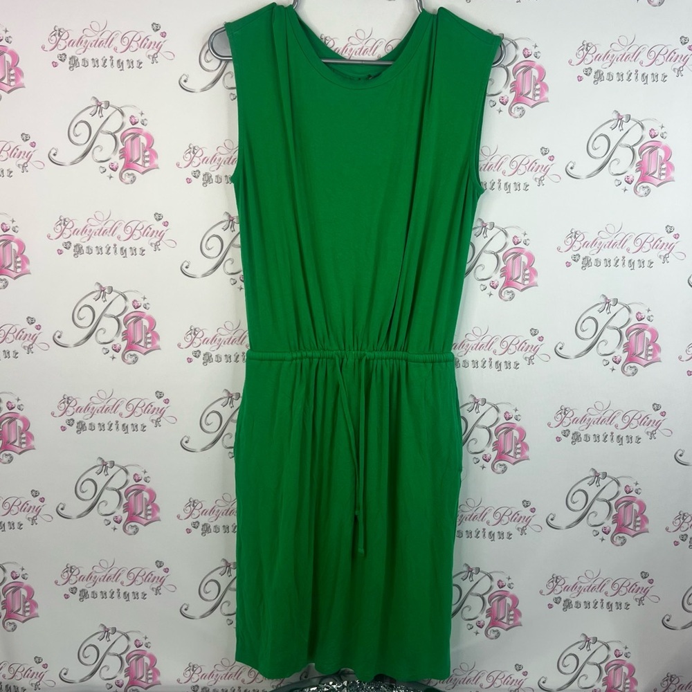 Banana Republic dress cinch waist tie pleated style Vibrant Green Midi Dress